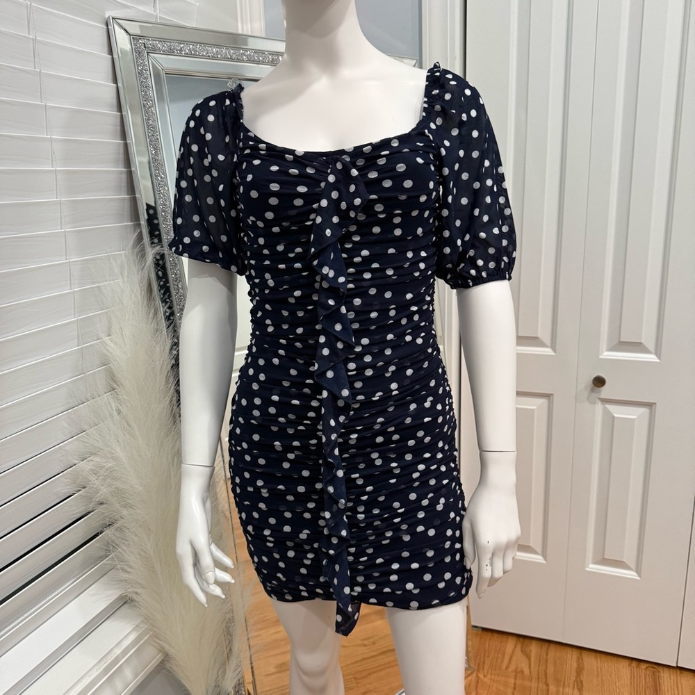 Blue Sky Navy Dress with White Polka Dots